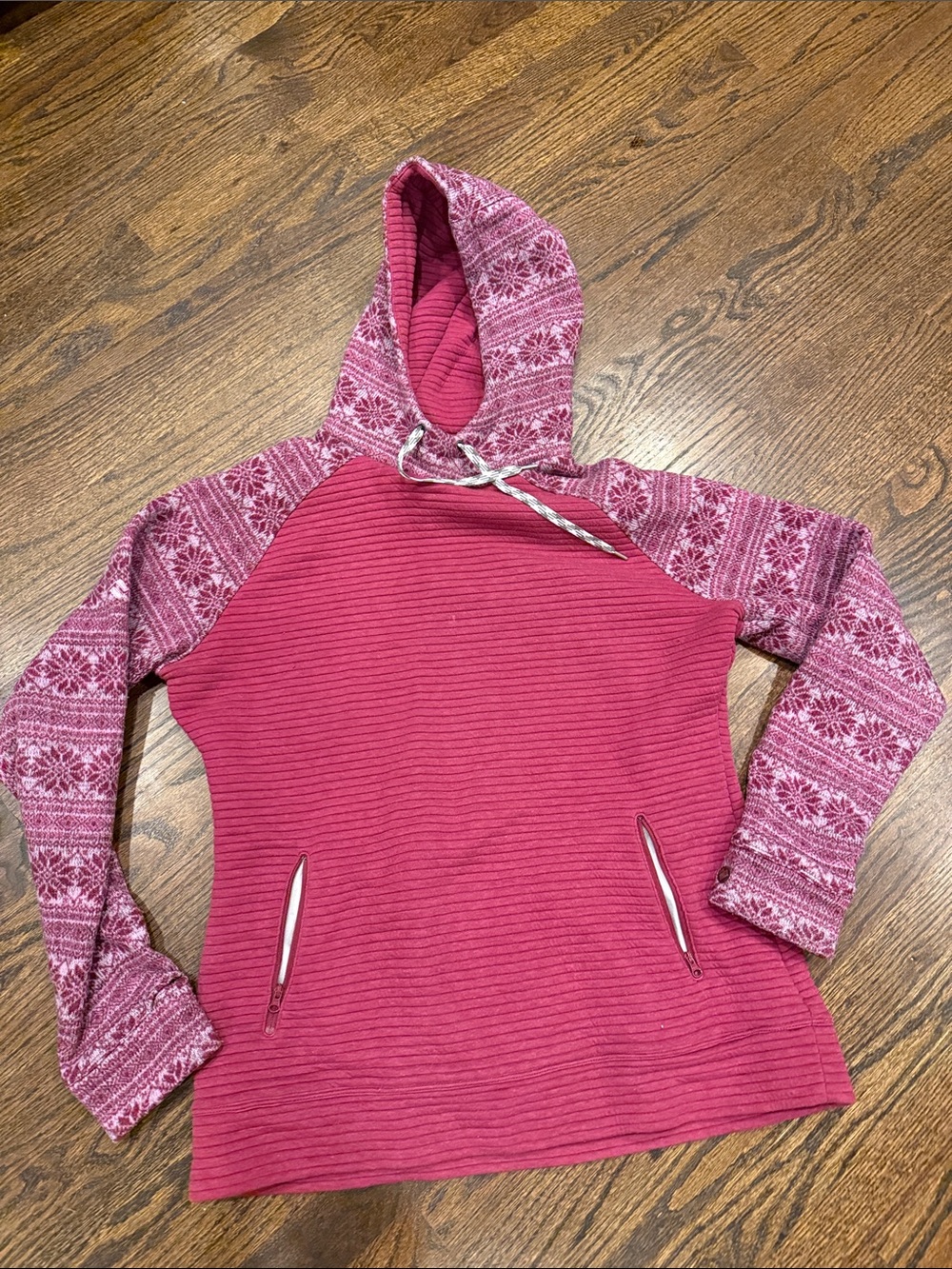 Women's Pink Hooded Pullover Sweater with Patterned Sleeves